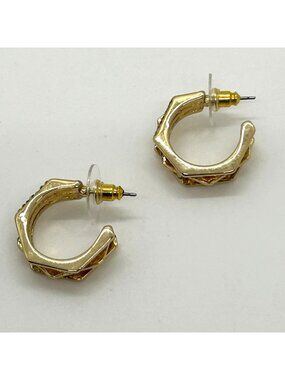 Gold Tone Geometric Hoop Earrings With Channel Set Rhinestones Modernist Design